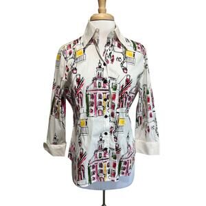 MISHCA Women's L French City Print Button Down Blouse Travel NWT $49